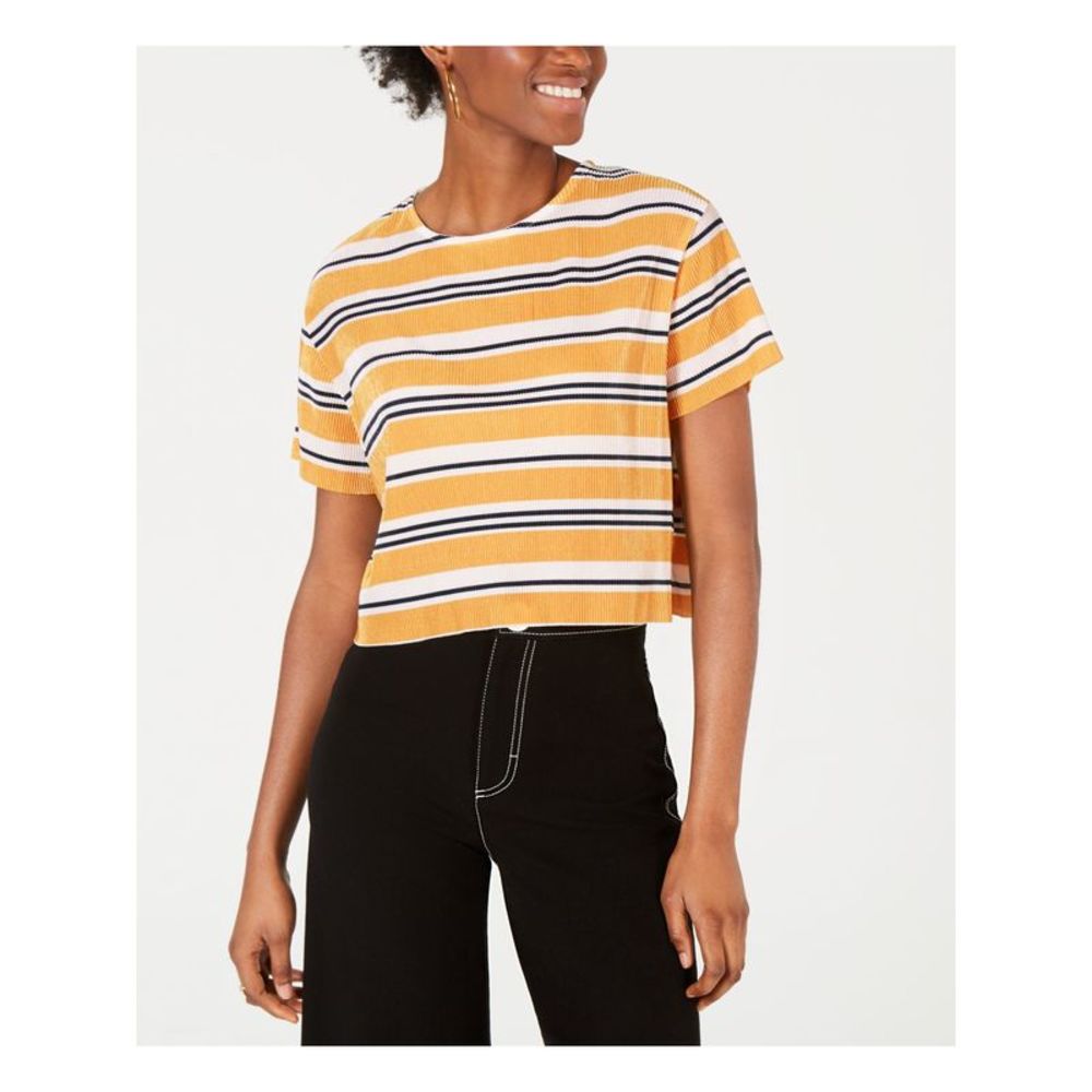 PROJECT 28 NYC Womens Gold Striped Short Sleeve Crew Neck T-Shirt Size: M